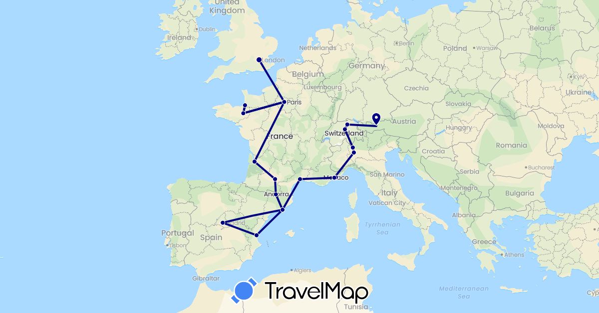 TravelMap itinerary: driving in Andorra, Austria, Switzerland, Spain, France, United Kingdom, Italy, Monaco (Europe)