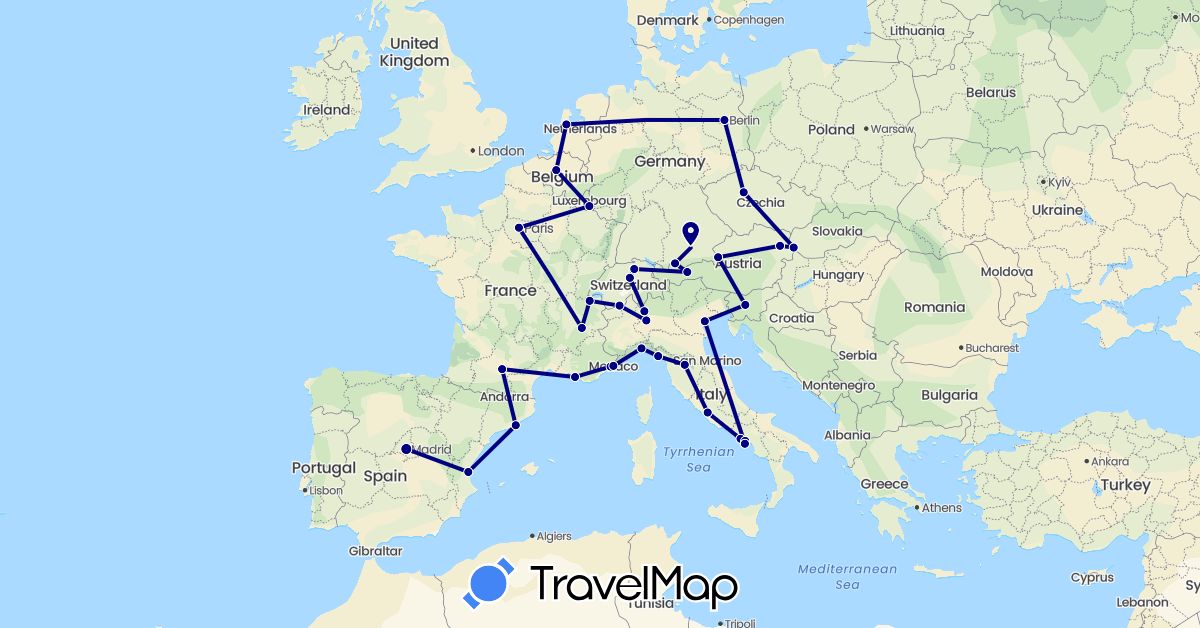 TravelMap itinerary: driving in Austria, Belgium, Switzerland, Czech Republic, Germany, Spain, France, Italy, Luxembourg, Monaco, Netherlands, Slovenia, Slovakia (Europe)